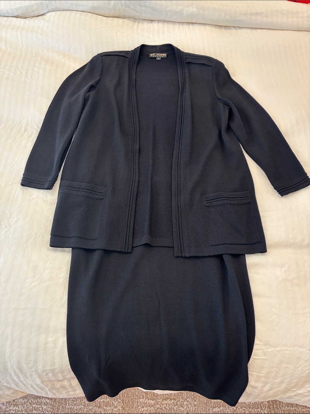St. John Black Open-Front Lightweight Knit Sweater Skirt Suit L 16